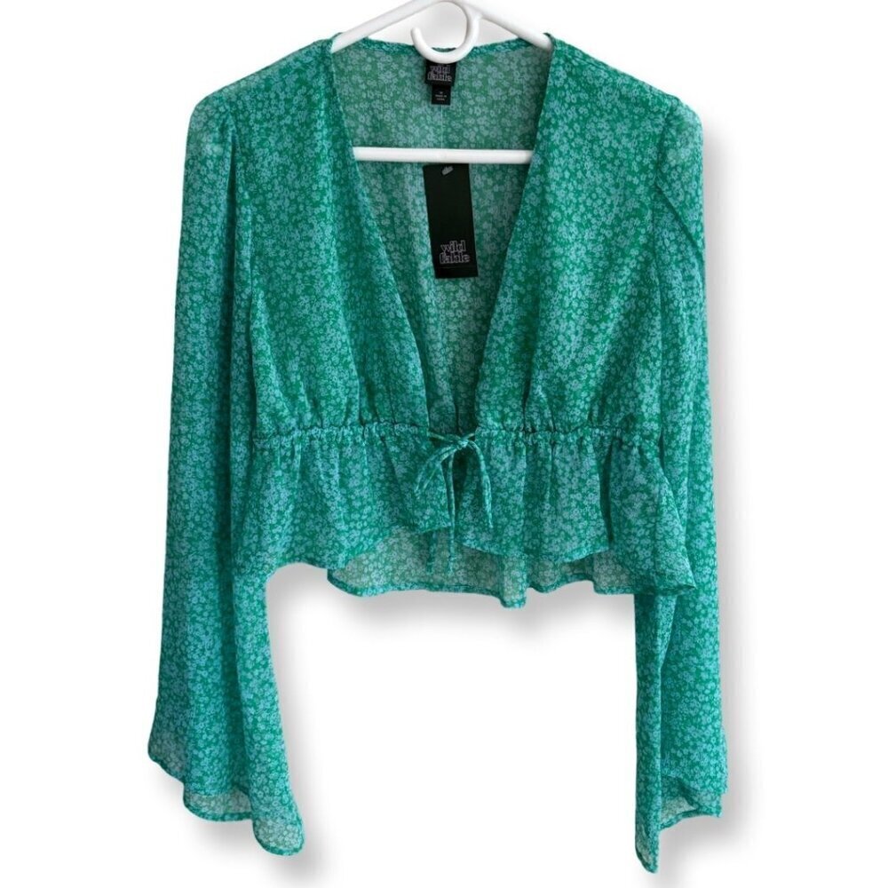 Wild Fable NWT Sheer Floral Bell Sleeve Cropped Festival Blouse Size Medium - Picture 2 of 10